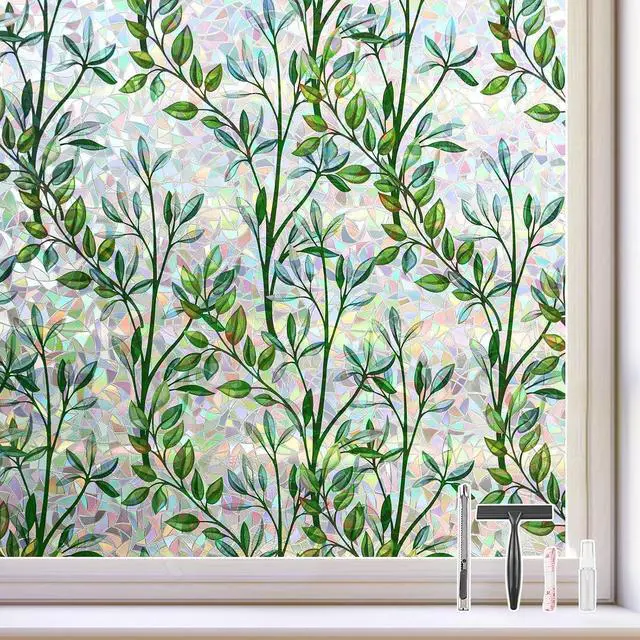 Main image of Kromapolis Green Leaf Stained Glass Window Privacy Film, 17.5 x 78.7 inch | 3D Static Cling No Glue, Heat Control & UV Blocking, Decorative Glass Cover for Home Bathroom Office