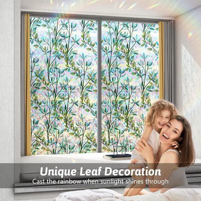 Alt view image 2 of 7 - Kromapolis Green Leaf Stained Glass Window Privacy Film, 17.5 x 78.7 inch | 3D Static Cling No Glue, Heat Control & UV Blocking, Decorative Glass Cover for Home Bathroom Office