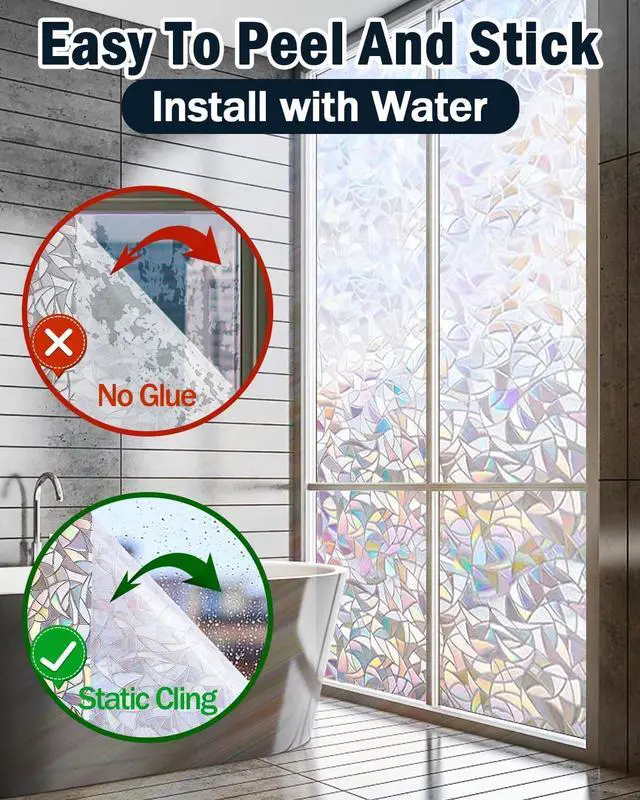 Alt view image 3 of 7 - Lovepea Rainbow Window Privacy Film with Installation Tools, 3D Decorative, Stained Glass Decals, Removable, Peep-Proof, Static Cling, Heat Control, UV Protection (17.5 x 78.7 Inch)