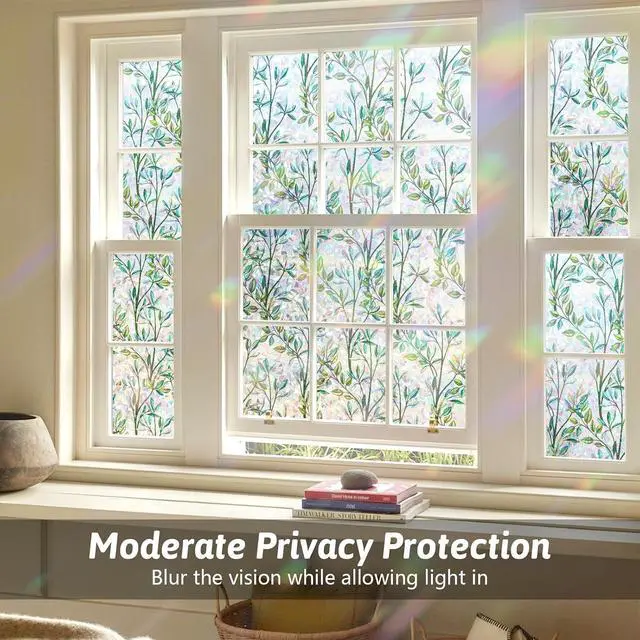 Alt view image 3 of 7 - Kromapolis Green Leaf Stained Glass Window Privacy Film, 17.5 x 78.7 inch | 3D Static Cling No Glue, Heat Control & UV Blocking, Decorative Glass Cover for Home Bathroom Office