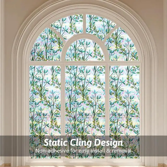 Alt view image 4 of 7 - Kromapolis Green Leaf Stained Glass Window Privacy Film, 17.5 x 78.7 inch | 3D Static Cling No Glue, Heat Control & UV Blocking, Decorative Glass Cover for Home Bathroom Office