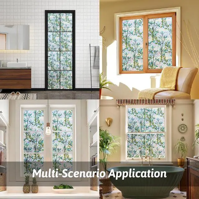 Alt view image 6 of 7 - Kromapolis Green Leaf Stained Glass Window Privacy Film, 17.5 x 78.7 inch | 3D Static Cling No Glue, Heat Control & UV Blocking, Decorative Glass Cover for Home Bathroom Office