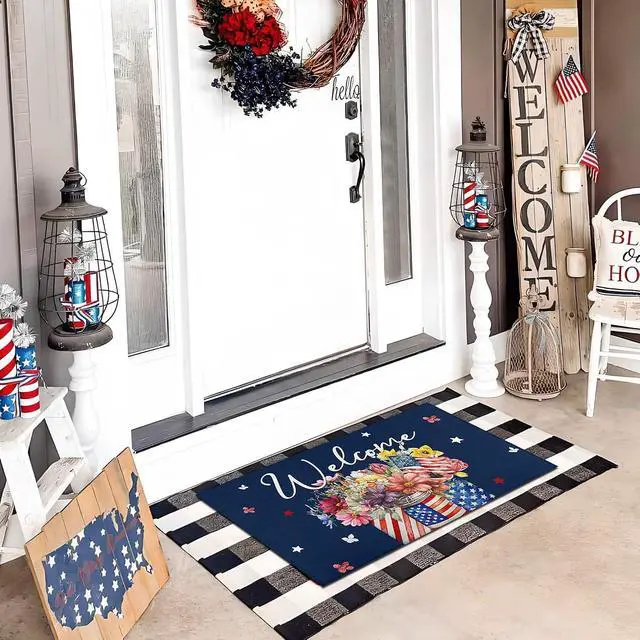 Alt view image 2 of 7 - Patriotic Floral Welcome Door Mat 17"x30", American Flag Glass Bottle Print, Non-Slip Absorbent Entryway Rug for Indoor Outdoor, 4th of July & Independence Day Decor