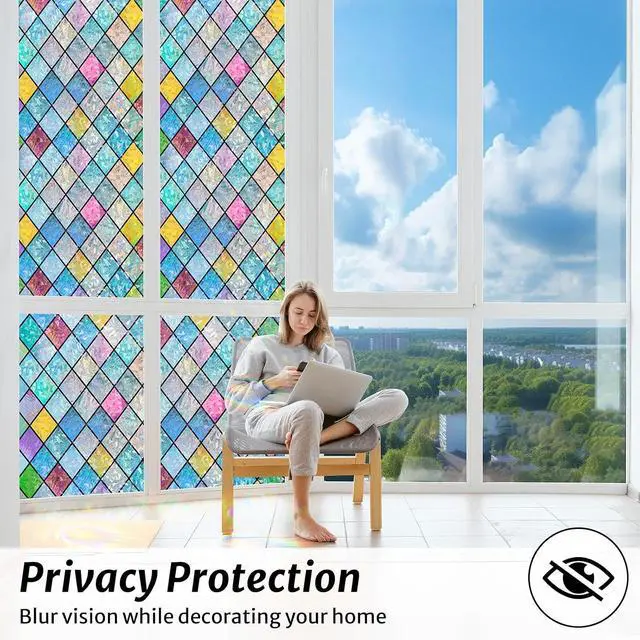 Alt view image 3 of 7 - rabbitgoo Stained Glass Window Film Rainbow Lattice Cling, 17.5" x 78.7" | Decorative 3D Static Cling Decals, Colorful Prism Effect, UV Blocking Removable Non-Adhesive Coverings for Home Door Bathroom