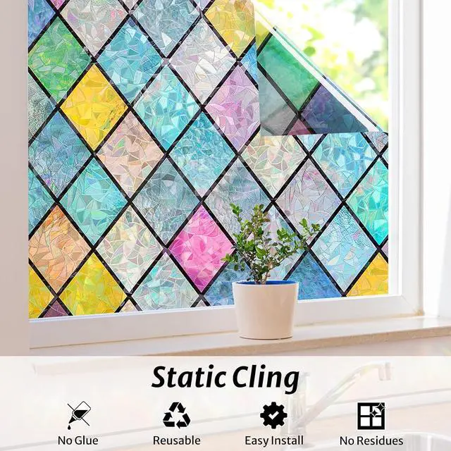 Alt view image 5 of 7 - rabbitgoo Stained Glass Window Film Rainbow Lattice Cling, 17.5" x 78.7" | Decorative 3D Static Cling Decals, Colorful Prism Effect, UV Blocking Removable Non-Adhesive Coverings for Home Door Bathroom