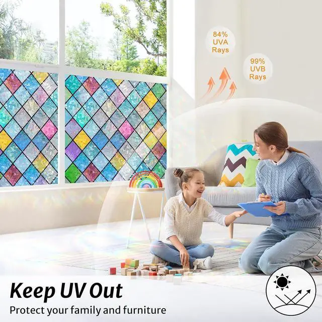 Alt view image 4 of 7 - rabbitgoo Stained Glass Window Film Rainbow Lattice Cling, 17.5" x 78.7" | Decorative 3D Static Cling Decals, Colorful Prism Effect, UV Blocking Removable Non-Adhesive Coverings for Home Door Bathroom