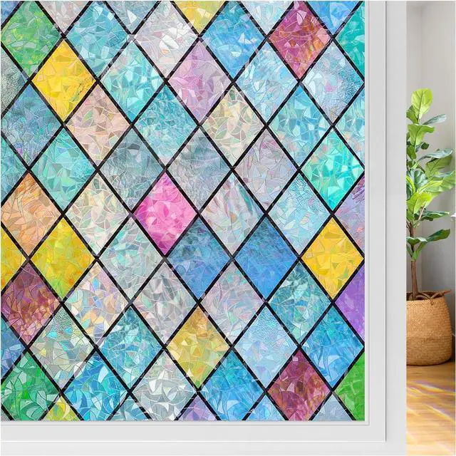 Main image of rabbitgoo Stained Glass Window Film Rainbow Lattice Cling, 17.5" x 78.7" | Decorative 3D Static Cling Decals, Colorful Prism Effect, UV Blocking Removable Non-Adhesive Coverings for Home Door Bathroom