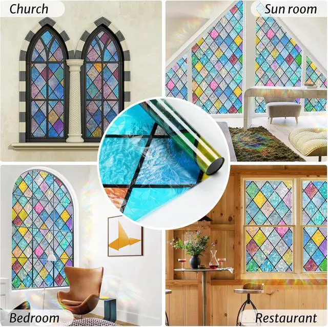Alt view image 6 of 7 - rabbitgoo Stained Glass Window Film Rainbow Lattice Cling, 17.5" x 78.7" | Decorative 3D Static Cling Decals, Colorful Prism Effect, UV Blocking Removable Non-Adhesive Coverings for Home Door Bathroom