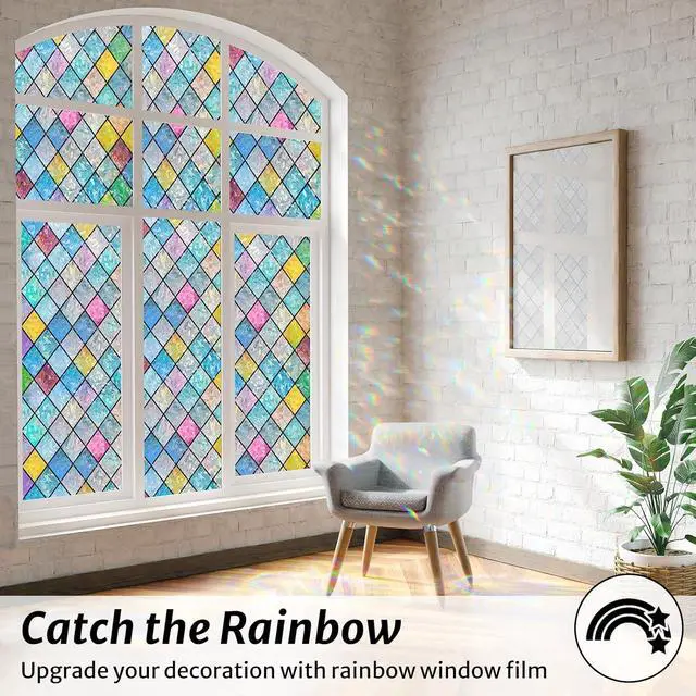 Alt view image 2 of 7 - rabbitgoo Stained Glass Window Film Rainbow Lattice Cling, 17.5" x 78.7" | Decorative 3D Static Cling Decals, Colorful Prism Effect, UV Blocking Removable Non-Adhesive Coverings for Home Door Bathroom