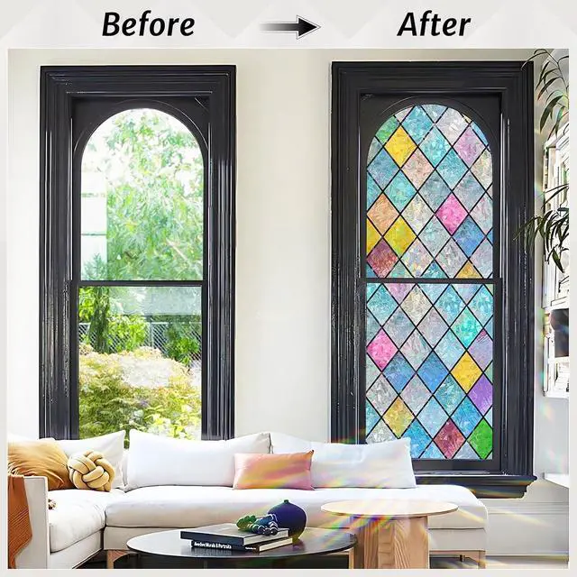 Alt view image 7 of 7 - rabbitgoo Stained Glass Window Film Rainbow Lattice Cling, 17.5" x 78.7" | Decorative 3D Static Cling Decals, Colorful Prism Effect, UV Blocking Removable Non-Adhesive Coverings for Home Door Bathroom