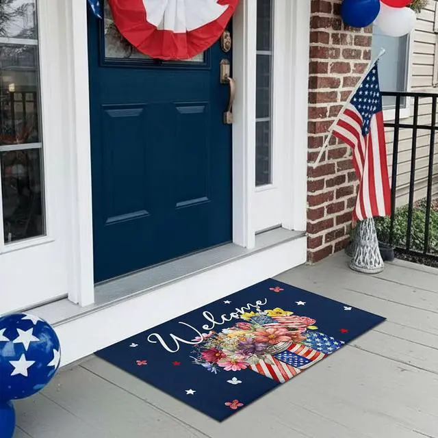Alt view image 4 of 7 - Patriotic Floral Welcome Door Mat 17"x30", American Flag Glass Bottle Print, Non-Slip Absorbent Entryway Rug for Indoor Outdoor, 4th of July & Independence Day Decor