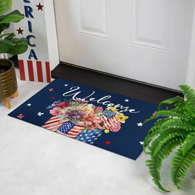 Alt view image 3 of 7 - Patriotic Floral Welcome Door Mat 17"x30", American Flag Glass Bottle Print, Non-Slip Absorbent Entryway Rug for Indoor Outdoor, 4th of July & Independence Day Decor