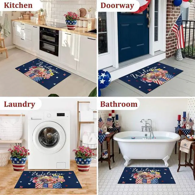 Alt view image 5 of 7 - Patriotic Floral Welcome Door Mat 17"x30", American Flag Glass Bottle Print, Non-Slip Absorbent Entryway Rug for Indoor Outdoor, 4th of July & Independence Day Decor