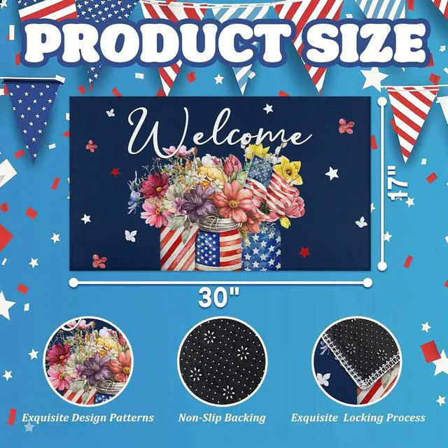Alt view image 6 of 7 - Patriotic Floral Welcome Door Mat 17"x30", American Flag Glass Bottle Print, Non-Slip Absorbent Entryway Rug for Indoor Outdoor, 4th of July & Independence Day Decor