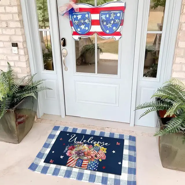 Alt view image 7 of 7 - Patriotic Floral Welcome Door Mat 17"x30", American Flag Glass Bottle Print, Non-Slip Absorbent Entryway Rug for Indoor Outdoor, 4th of July & Independence Day Decor