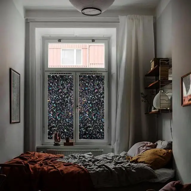 Alt view image 3 of 7 - Finnez Blackout Window Film, Stained Glass Rainbow, Black, 17.5" x 78.7" | Decorative Privacy Film, Removable Static Cling, UV Block & Heat Control, Room Darkening Window Tint for Home Bathroom