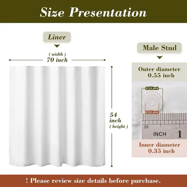 Alt view image 2 of 7 - Mrs Awesome Fabric Snap in Liner for No Hook Shower Curtain White, 70x 54 | Replacement Liner Snap on & Removable, 2 Magnets, Water Repellent, Washable, 70 x 54 for Hotel Style Bathroom Shower Curtain