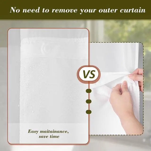 Alt view image 3 of 7 - Mrs Awesome Fabric Snap in Liner for No Hook Shower Curtain White, 70x 54 | Replacement Liner Snap on & Removable, 2 Magnets, Water Repellent, Washable, 70 x 54 for Hotel Style Bathroom Shower Curtain