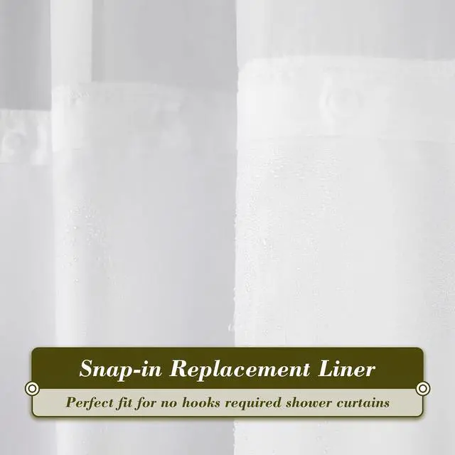 Alt view image 5 of 7 - Mrs Awesome Fabric Snap in Liner for No Hook Shower Curtain White, 70x 54 | Replacement Liner Snap on & Removable, 2 Magnets, Water Repellent, Washable, 70 x 54 for Hotel Style Bathroom Shower Curtain