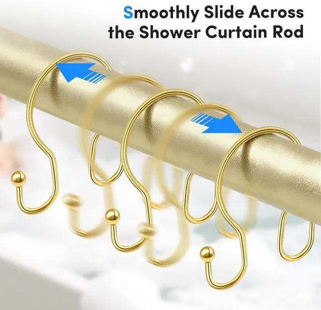 Alt view image 6 of 7 - Gold Shower Curtain Hooks Rings, ELWEY Double Shower Curtain Hooks Rust Proof, Metal Shower Curtain Hangers for Bathroom Shower Curtains Rods,Shower Rings for Curtain Double Sided, Set of 12, Gold