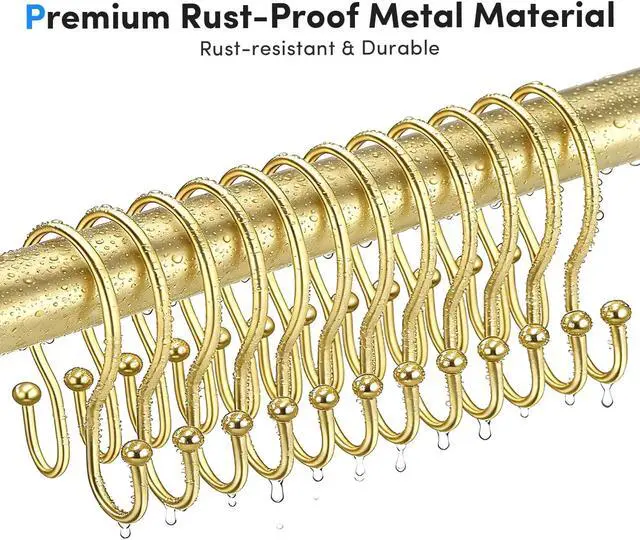 Alt view image 7 of 7 - Gold Shower Curtain Hooks Rings, ELWEY Double Shower Curtain Hooks Rust Proof, Metal Shower Curtain Hangers for Bathroom Shower Curtains Rods,Shower Rings for Curtain Double Sided, Set of 12, Gold