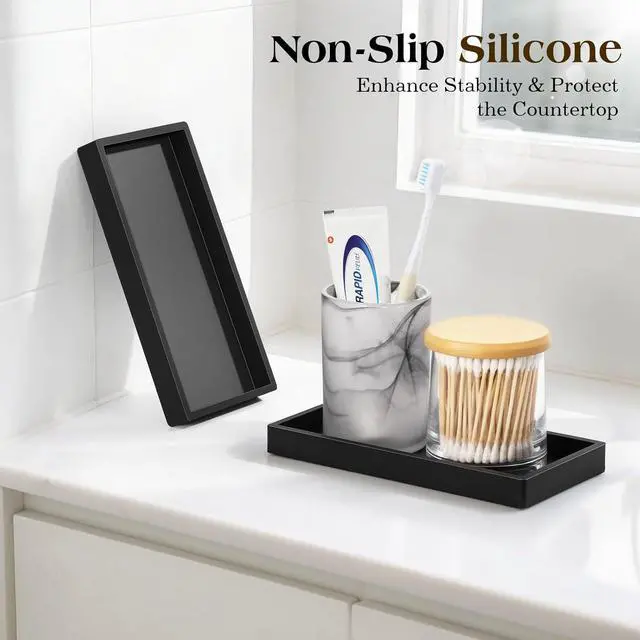 Alt view image 2 of 7 - Luxspire 2 Pack Silicone Bathroom Tray 7.9" Vanity Tray, Matte Black | Thick slip-proof silicone, dishwasher safe, waterproof, holds soap perfume jewelry for sink vanity decor