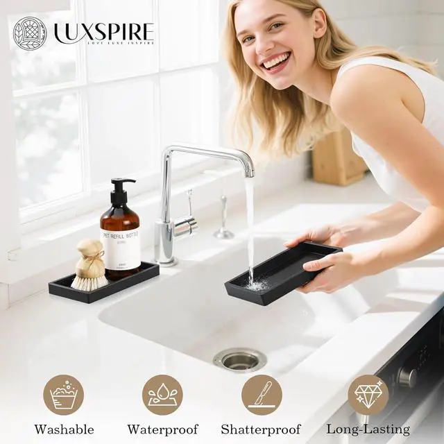 Alt view image 5 of 7 - Luxspire 2 Pack Silicone Bathroom Tray 7.9" Vanity Tray, Matte Black | Thick slip-proof silicone, dishwasher safe, waterproof, holds soap perfume jewelry for sink vanity decor