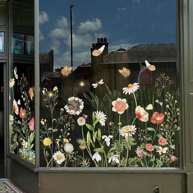 Alt view image 4 of 7 - FYSUIMU Wildflower Shop Window Clings Vintage Spring Floral Reusable Window Decal Border for Retail Storefront Business Display Cafe Store Decor