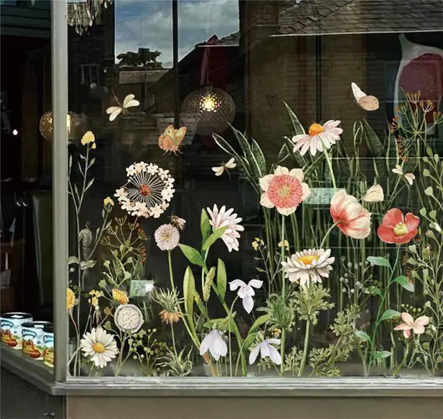 Main image of FYSUIMU Wildflower Shop Window Clings Vintage Spring Floral Reusable Window Decal Border for Retail Storefront Business Display Cafe Store Decor