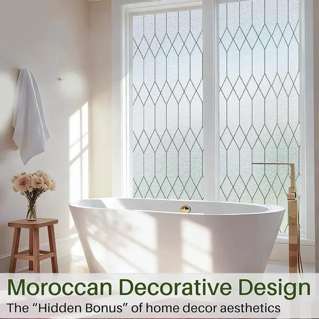 Alt view image 3 of 7 - Windimiley Window Privacy Film, Moroccan Pattern Static Cling, 17.5"x78.7" | Bathroom Frosted Leaded Decorative Window Stickers, UV Heat Blocking Opaque Removable for Home Door Coverings, Pure