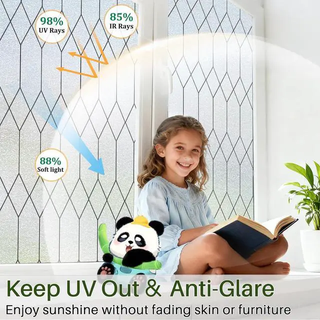 Alt view image 4 of 7 - Windimiley Window Privacy Film, Moroccan Pattern Static Cling, 17.5"x78.7" | Bathroom Frosted Leaded Decorative Window Stickers, UV Heat Blocking Opaque Removable for Home Door Coverings, Pure