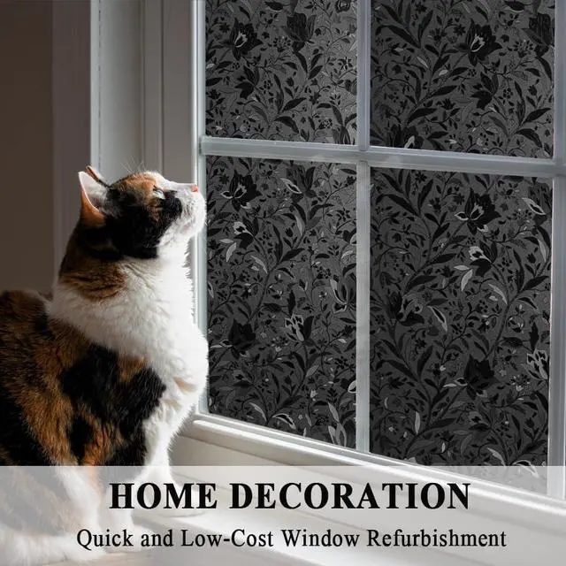 Alt view image 6 of 7 - Blackout Room Darkening Etched Tulip Window Film Privacy 17.5x78.7in | 100% Light Blocking Glare Reduction Heat Control Cover Decal Tint Decor Kitchen Cabinet Sidelight Reusable Door