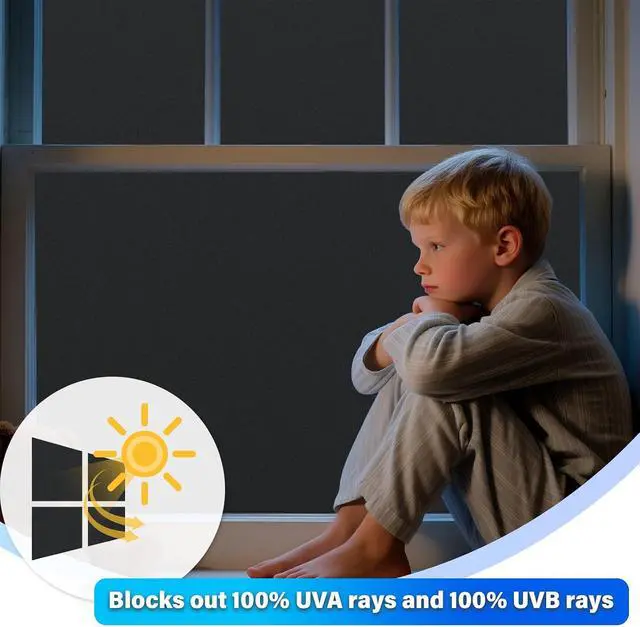 Alt view image 2 of 7 - Finnez Blackout Window Film, Total Privacy Room Darkening, 17.5 x 78.7 | Light Blocking & Heat Control, Removable Static Cling Non-Adhesive, Frosted Window Tint, Day & Night Sleep for Home Nursery