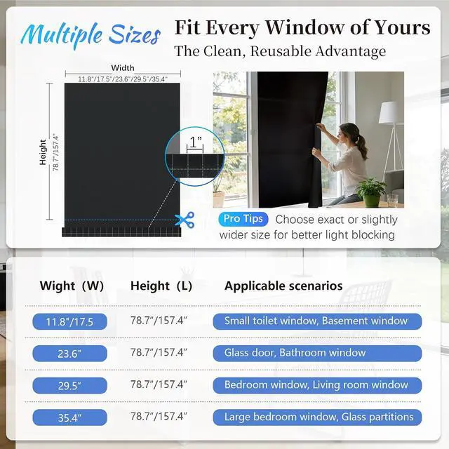 Alt view image 7 of 7 - Finnez Blackout Window Film, Total Privacy Room Darkening, 17.5 x 78.7 | Light Blocking & Heat Control, Removable Static Cling Non-Adhesive, Frosted Window Tint, Day & Night Sleep for Home Nursery