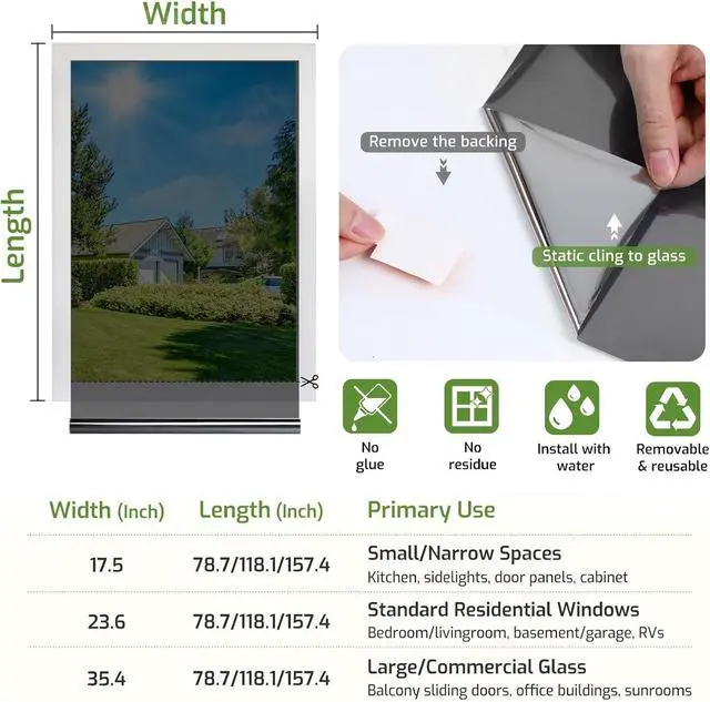 Alt view image 7 of 7 - LUTE One Way Window Tint for Home, Window Privacy Film, Black Silver | Sun Blocking UV Heat Blocker, See Out Not in Reflective Mirror Film, Static Cling Glass Cover for Home Office, 17.5" x 78.7"