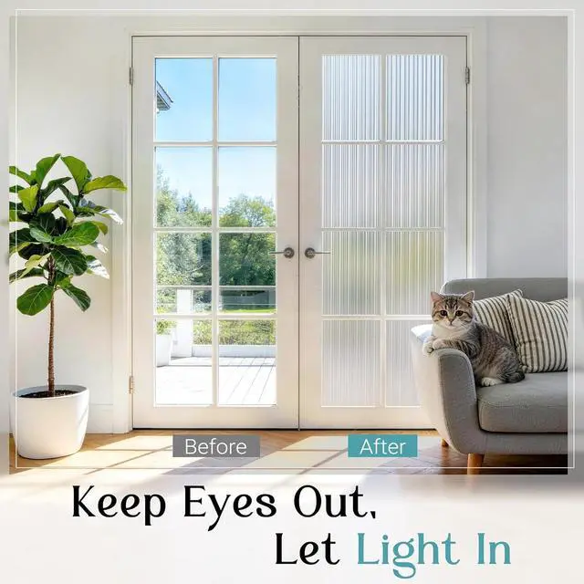 Alt view image 3 of 7 - Haton Reeded Glass Window Privacy Film, Frosted Glass Film, 17.5" x 78.7" | Static Cling Removable, UV Blocking Heat Control Sticker, Decorative for Bathroom Door Home Office, Non-Adhesive