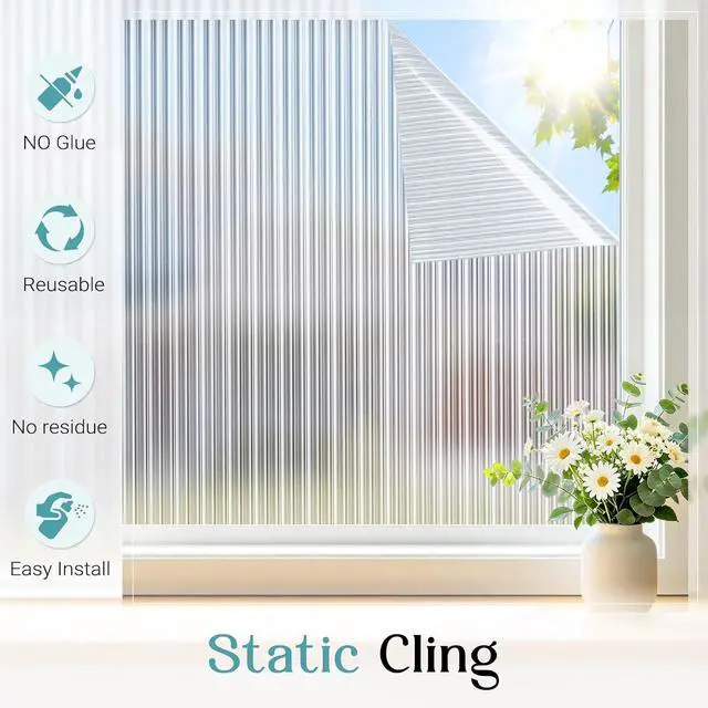 Alt view image 6 of 7 - Haton Reeded Glass Window Privacy Film, Frosted Glass Film, 17.5" x 78.7" | Static Cling Removable, UV Blocking Heat Control Sticker, Decorative for Bathroom Door Home Office, Non-Adhesive