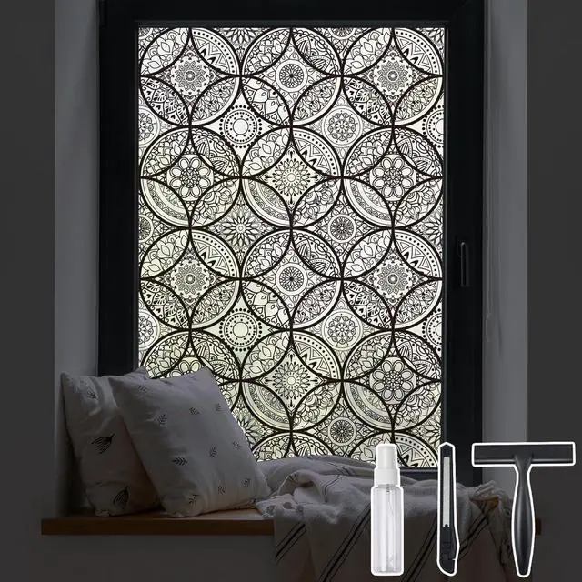 Main image of DKTIE Boho Stained Glass Look Window Privacy Film with Installation Tools | Decorative Frosted Glass Window Film Static Cling No Glue Removable, Pure Black, 17.7" x 78.7"