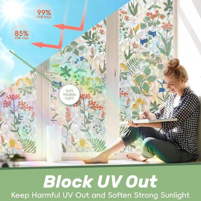 Alt view image 4 of 7 - Window Privacy Film, Stained Glass Window Film Decorative Window Clings, Sun Blocking Stickers UV Heat Blocking Rainbow Window Film for Glass Doors, Bedroom Windows (Apricot&Blue, 17.6"×78.7")
