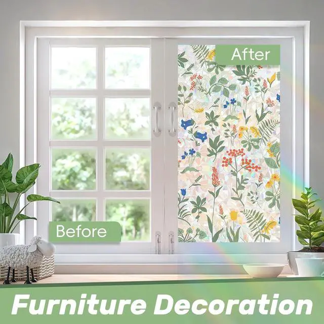 Alt view image 5 of 7 - Window Privacy Film, Stained Glass Window Film Decorative Window Clings, Sun Blocking Stickers UV Heat Blocking Rainbow Window Film for Glass Doors, Bedroom Windows (Apricot&Blue, 17.6"×78.7")
