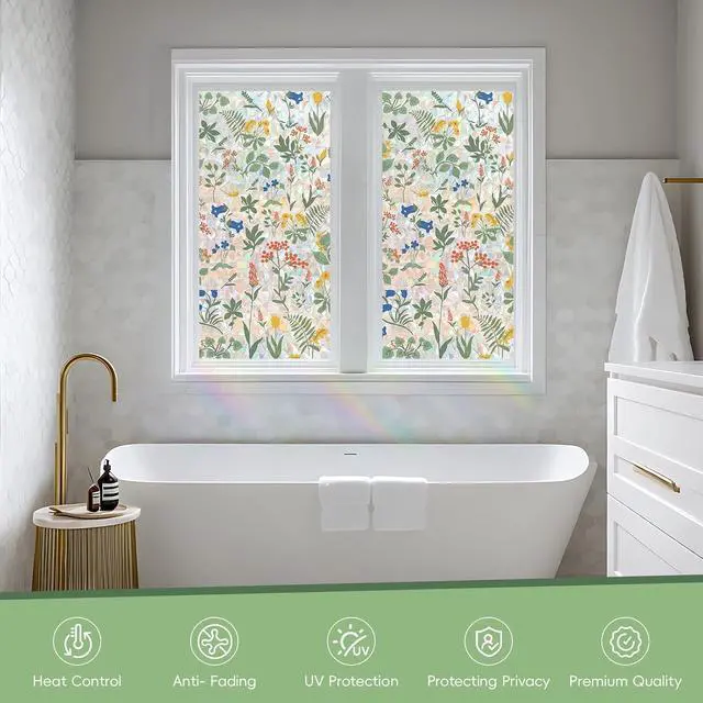 Alt view image 3 of 7 - Window Privacy Film, Stained Glass Window Film Decorative Window Clings, Sun Blocking Stickers UV Heat Blocking Rainbow Window Film for Glass Doors, Bedroom Windows (Apricot&Blue, 17.6"×78.7")