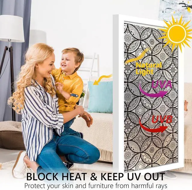 Alt view image 2 of 7 - DKTIE Boho Stained Glass Look Window Privacy Film with Installation Tools | Decorative Frosted Glass Window Film Static Cling No Glue Removable, Pure Black, 17.7" x 78.7"