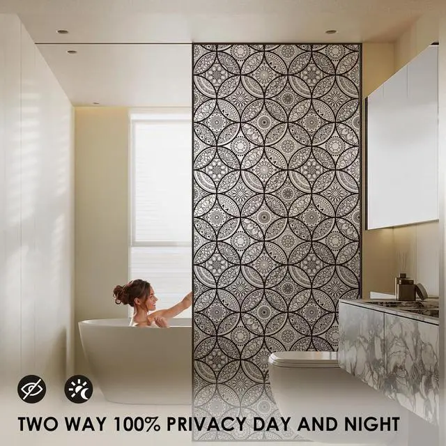 Alt view image 3 of 7 - DKTIE Boho Stained Glass Look Window Privacy Film with Installation Tools | Decorative Frosted Glass Window Film Static Cling No Glue Removable, Pure Black, 17.7" x 78.7"