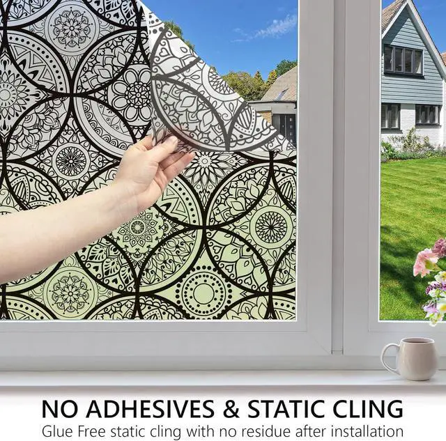 Alt view image 4 of 7 - DKTIE Boho Stained Glass Look Window Privacy Film with Installation Tools | Decorative Frosted Glass Window Film Static Cling No Glue Removable, Pure Black, 17.7" x 78.7"
