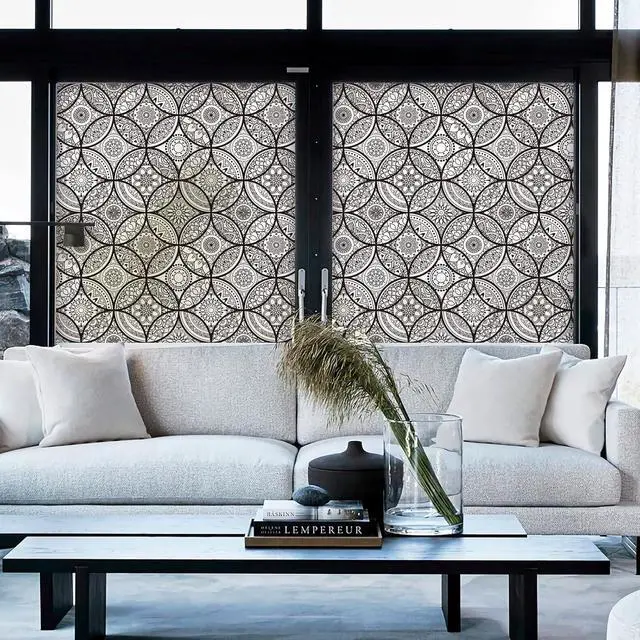 Alt view image 5 of 7 - DKTIE Boho Stained Glass Look Window Privacy Film with Installation Tools | Decorative Frosted Glass Window Film Static Cling No Glue Removable, Pure Black, 17.7" x 78.7"