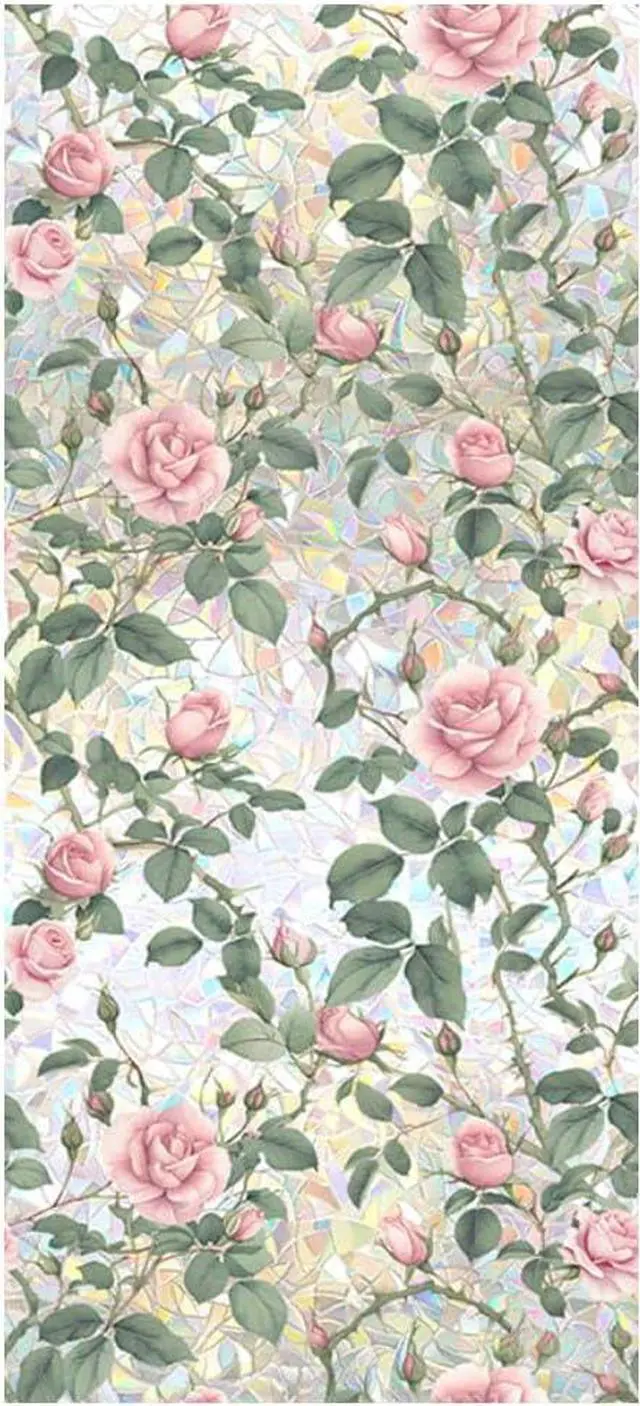 Main image of JOONOR Retro Pink Rose Flowers Window Privacy Film,3D Stained Glass Rose Rainbow Window Decals,Non-Adhesive Static Cling Sticker for Home Office,16.93 x 39.37 Inch