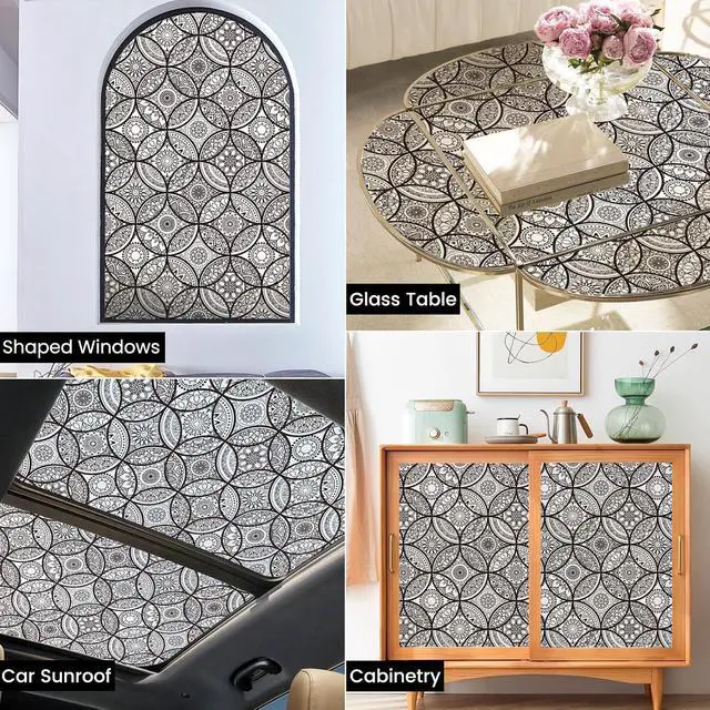 Alt view image 6 of 7 - DKTIE Boho Stained Glass Look Window Privacy Film with Installation Tools | Decorative Frosted Glass Window Film Static Cling No Glue Removable, Pure Black, 17.7" x 78.7"