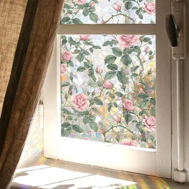 Alt view image 4 of 6 - JOONOR Retro Pink Rose Flowers Window Privacy Film,3D Stained Glass Rose Rainbow Window Decals,Non-Adhesive Static Cling Sticker for Home Office,16.93 x 39.37 Inch