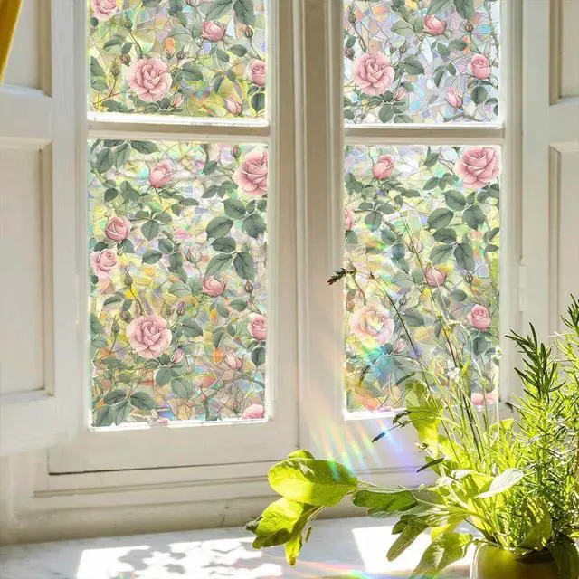 Alt view image 2 of 6 - JOONOR Retro Pink Rose Flowers Window Privacy Film,3D Stained Glass Rose Rainbow Window Decals,Non-Adhesive Static Cling Sticker for Home Office,16.93 x 39.37 Inch