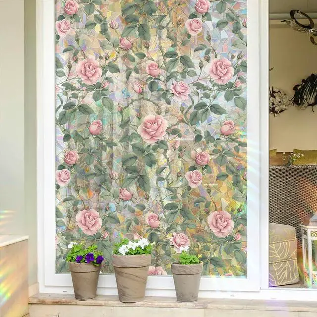 Alt view image 3 of 6 - JOONOR Retro Pink Rose Flowers Window Privacy Film,3D Stained Glass Rose Rainbow Window Decals,Non-Adhesive Static Cling Sticker for Home Office,16.93 x 39.37 Inch